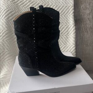 Jessica Simpson Black Glitter Studded Western Ankle Boots